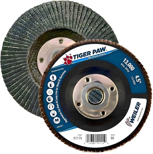 Weiler 51115 4-1/2" Tiger Paw Abrasive Flap Disc, Flat (Ty27), Phenolic Backing, 80Z, 5/8"-11 Unc Nut (Pack of 10)
