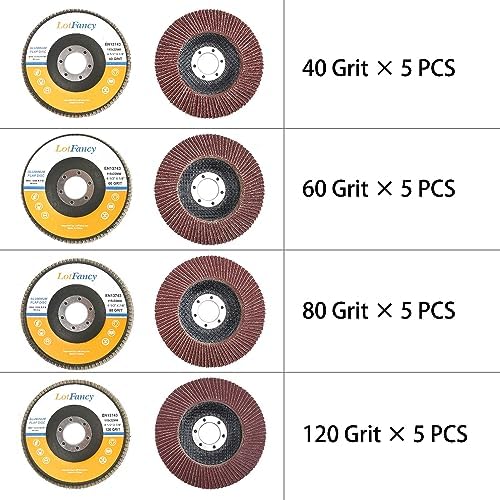 LotFancy 20PCS Flap Discs 4 1/2 for Angle Grinder, 40 60 80 120 Grit Sanding Disc, 4.5 x 7/8 Inch Grinding Wheels Welding Tools, Aluminum Oxide Abrasive, Type 27