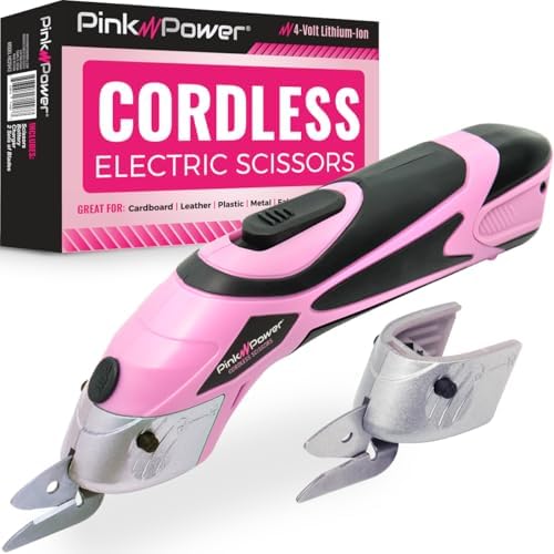Pink Power Cordless Electric Scissors Fabric Cutter for Crafts, Box, Sewing, Carpet, & Scrapbooking - Heavy Duty Professional Rotary Shears Cutting Tool - Automatic Cardboard Cutter Fabric Scissor