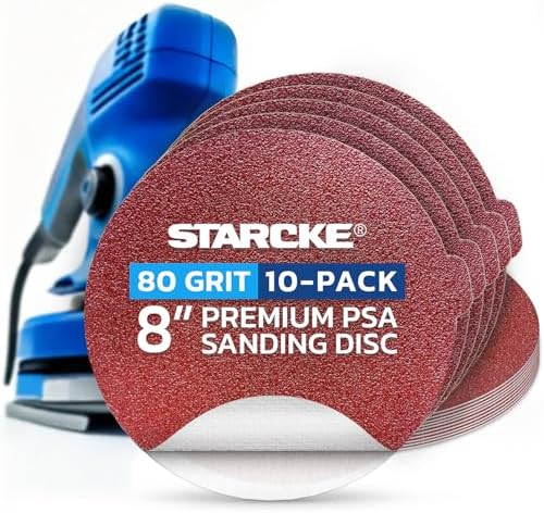 8 inch Sanding Disc Self Stick Orbital Sander Pads 10 Pack No Hole - Premium 80 Grit Sandpaper Discs Aluminum Oxide, Durable PSA Sand Paper, Round Sanding Discs Adhesive Back for Wood & Metal