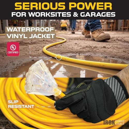 IRON FORGE CABLE 75 Foot Lighted Outdoor Extension Cord with 3 Electrical Power Outlets - 12/3 SJTW Heavy Duty Yellow Extension Cable with 3 Prong Grounded Plug for Safety, 15 AMP