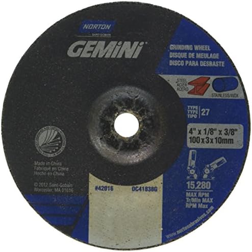 Norton Gemini Depressed Center Abrasive Wheel, Type 27, Aluminum Oxide, 3/8" Arbor, 4" Diameter x 1/8" Thickness (Pack of 25)