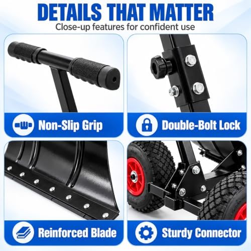 30 inch Snow Pusher with Wheels, Metal Snow Shovel for Driveway
