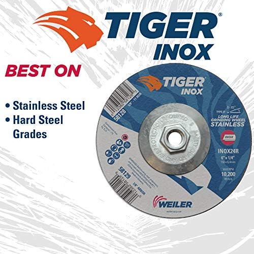 Weiler 58128 6" x 1/4" Tiger INOX Type 27 Grinding Wheel, INOX24R, 5/8"-11 Nut (Pack of 10)