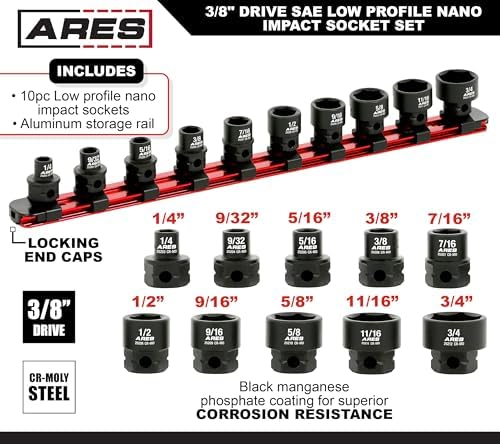 ARES 29019 10-Pc 3/8in SAE Nano Sockets, Low Profile, w/Rail | Impact grade sockets offer greater clearance than typical shallow sockets