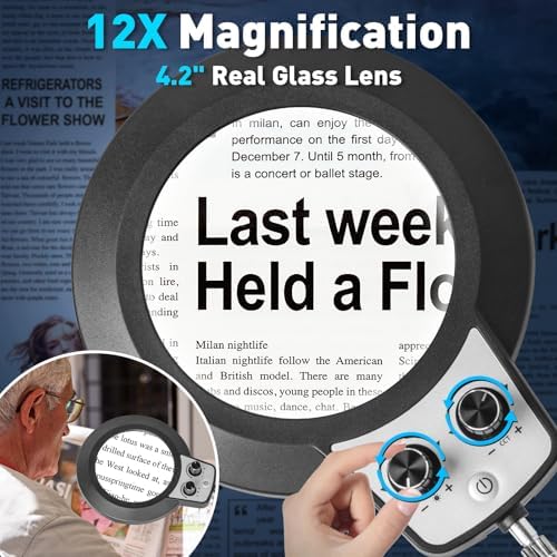 KIRKAS 12X Magnifying Glass with Light and Stand, Overhead Dual Knob