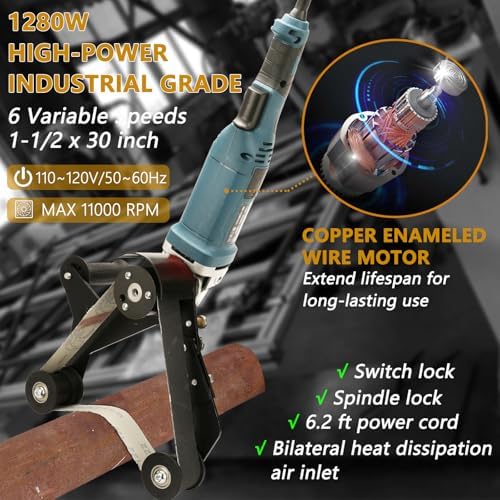 Pipe Belt Sander - 1280W Industrial Grade Pipe Tube Polishing Sandingwith 6 Variable Speeds,Suitable for Polishing Various Circular Pipe Materials,Woodworking and Metal Rust Removal (30Pcs Belts).