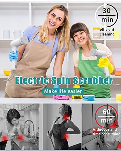Electric Spin Scrubber Cordless Power Scrubber Handheld Electric Cleaning Brush, Shower Cleaner Brush with 6 Replaceable Brush Heads and 2 Rotating Speeds for Tile, Tub, Dish, Sink, Grout, Kitchen
