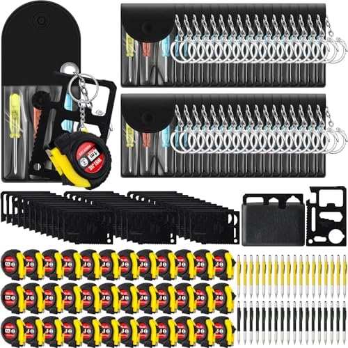 144 Pcs Mini Screwdriver Tape Keychain Set Multitool Pen Card Father's Gifts Bulk Mini Tool Set for Adult Men Dad (Yellow,Black)