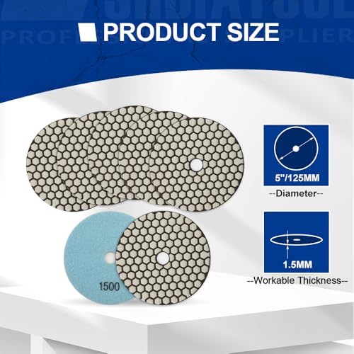 SHDIATOOL 5 Inch Dry Diamond polishing Pads Grit 1500 for Granite Marble Quartz(7-Pack)