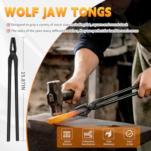 Blacksmith Tongs Set 4PC: Wolf Jaw Tongs, V-Bit Bolt, Flat, Blade; Blacksmith Tools Set for Knife Making Forge Tongs, High-Strength Forged Steel for Blacksmith & Bladesmiths