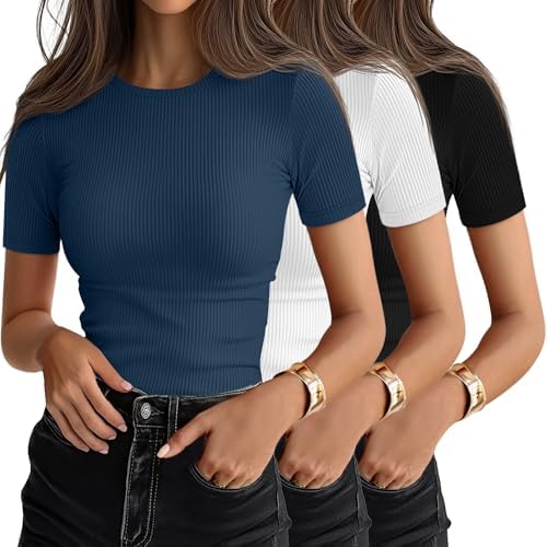 Ficerd 3 Pack Women's Ribbed Short Sleeve T-Shirts