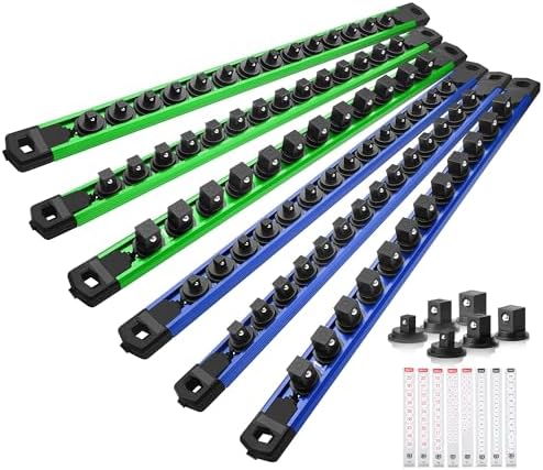 Reniteco Magnetic Socket Organizer Set, 6-Piece 1/4” 3/8” 1/2” Socket Rails | 80-Clip: 1/4" Rail-28 Clips, 3/8" Rail-24 Clips, 1/2" Rail-28 Clips, Heavy-Duty Aluminum Alloy Rails, Drawer or Wall Mount