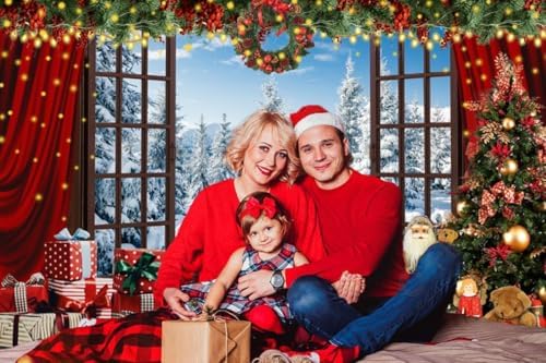 20x10ft Christmas Window Backdrop for Photography Winter Wonderland Snow Mountain Christmas Tree Photo Background Xmas Theme Holiday Party Decorations Banner Family Photoshoot Background