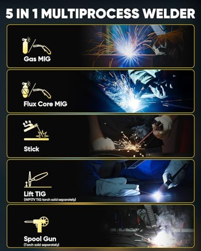 H HZXVOGEN 205A MIG Welder, 110/220V 5 in 1 Gas Pulse MIG/Flux Core Pulse MIG/Stick/Lift TIG/Spool Gun Welding Machine with Synergic Multiprocess Aluminum Welder Machine
