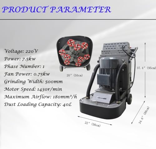 Concrete Floor Grinder Hand-Push Cement Ground Grinder Floor Polishing Machine 40L Dust-free Grinding Machine with 9-head Grinding Chassis, 220V 7.5KW