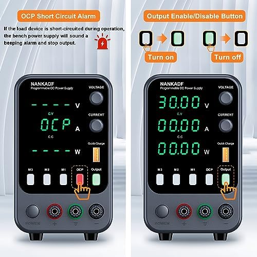 DC Power Supply, 30V 10A Bench Power Supply with Memory Storage & Recall，Variable Power Suppy with Encoder Adjustment Knob, 5V/3.6A USB Quick-Charge & OCP Short Circuit Alarm