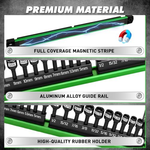22-Piece Magnetic Nut Driver Set, Metric & SAE (5-13mm & 3/16"-1/2"), 1/4" Hex Shank Impact Bit Set, Wing Nut Driver Bits, Magnetic Aluminum Storage Rail