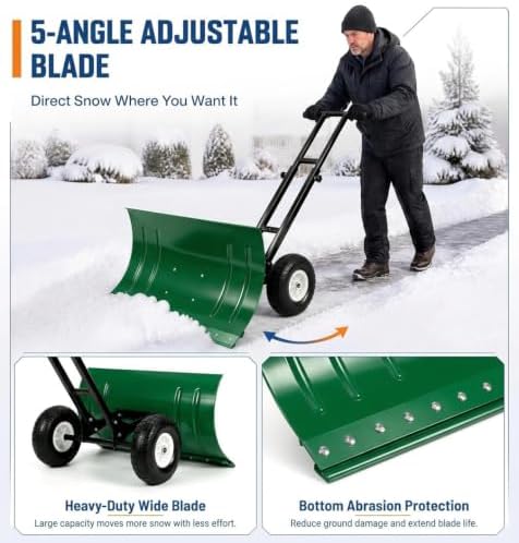 GarveeLife Wheeled Snow Shovel - 29in Steel Blade, 10in Wheels Green/Black