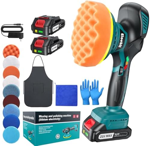Cordless Car Buffer Polisher Kit, 6" Dual Action Random Orbital Polisher, 6 Variable Speed (1600–5500 RPM) 2×21V 2000mAh Rechargeable Batteries, 13 PCS Polishing & Waxing Attachments for Car Detailing