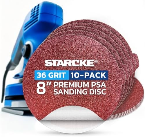 8 inch Sanding Disc Self Stick Orbital Sander Pads 10 Pack No Hole - Premium 36 Grit Sandpaper Discs Aluminum Oxide, Durable PSA Sand Paper, Round Sanding Discs Adhesive Back for Wood & Metal