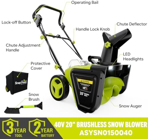 SnapFresh 40V Electric Snow Blower Cordless - 2 x 5.0Ah Battery 20 Inch Brushless Snow Blower with Fast Charger, Built-in Dual LED Headlights, Electric Snowblower for Driveways & Sidewalks