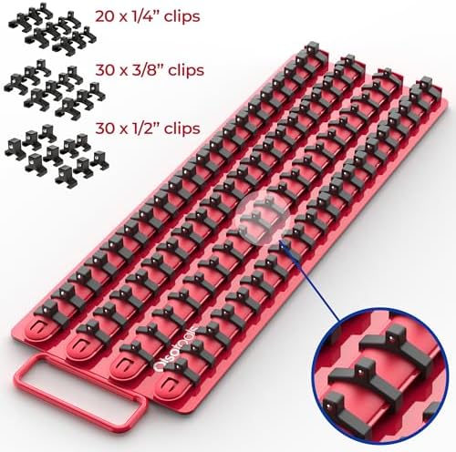Olsa Tools 80-Slot Portable Socket Organizer Tray With Handle Red/Black | Socket Tray With Clips for 1/4-Inch, 3/8-Inch & 1/2-Inch Drive Sockets - Professional-Grade Tool Organizer - Part: 1047