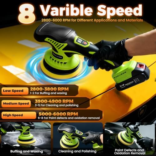 Cordless Car Buffer Polisher with 2x2.0Ah 21V Batteries, 8 Variable Speed Car Orbital Polisher 2800-6000RPM Car Polishing Kit with 26 Piece Attachments for Car Waxing, Detailing &Scratch Removing