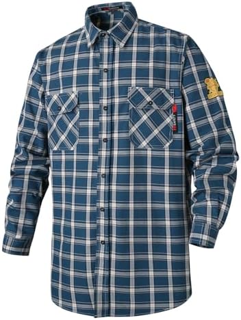 FR Shirts for Men 7oz Fire Resistant Shirts CAT2 Welding Shirt 100% Cotton Flame Resistant Shirt Blue/Plaid(5X-Large)