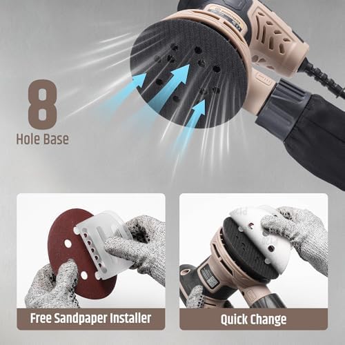 5-Inch Random Orbital Sander, 2.6Amp 320W Variable Speed (8000–13000RPM) Electric Sanders for Wood & Metal, Low Vibration, Aluminum Fan Blades, 15 Sandpapers, Dust Bag Included