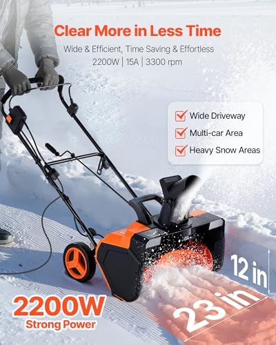 VEVOR Corded Electric Snow Blower, 23-inch 15A Snow Thrower with Dual LED Headlights & 180° Rotating Chute, 25FT Throwing Distance, 12" Depth Clearing, Walk-Behind Snowblower for Driveway Sidewalk