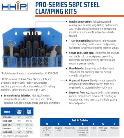 HHIP 3900-0002 58 Piece Clamping Kit (1/2 Inch T-Slot) Stud Size 3/8-16