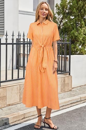Newshows Women's Work Business Casual Outfits Tie Waist Midi Shirt Dress