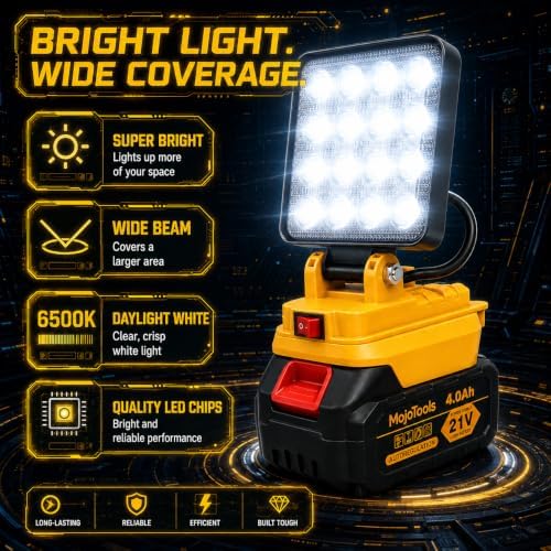 21V Cordless Camping Fan & LED Work Light Combo Kit — 9-Inch Portable Job Site Fan with Stepless Speed, 4.0Ah Battery & Charger Included, for Camping, Outdoor (Yellow Black Fan Light Set)