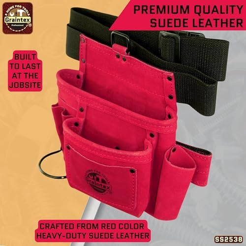 Graintex 5 Pocket Suede Leather Tool Belt/Bag, Multipurpose Leather Tool Belt for Women and Men, Ideal for Construction, Electrician, Handymen, Carpenter, Gardening Pouch & DIY Projects