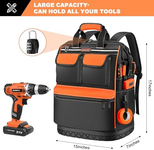 LOKASS Tool Backpack Heavy Duty, 18.5 in, 56 Pockets, Molded Bottom, Orange