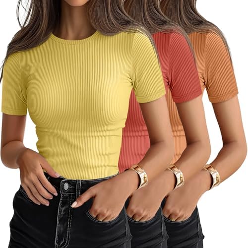 Ficerd 3 Pack Women's Ribbed Short Sleeve T-Shirts