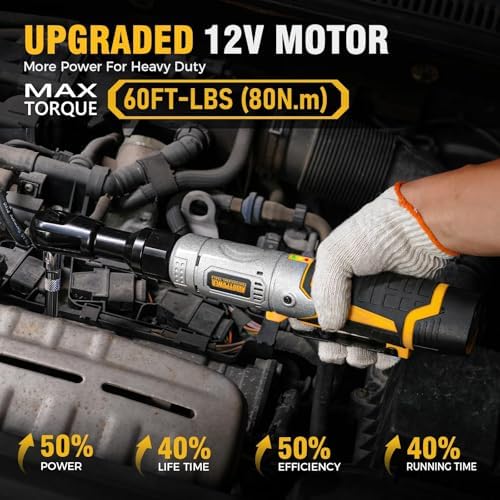 3/8" Cordless Ratchet Wrench, 60 FT-LBS(80N.M), 12V Extended