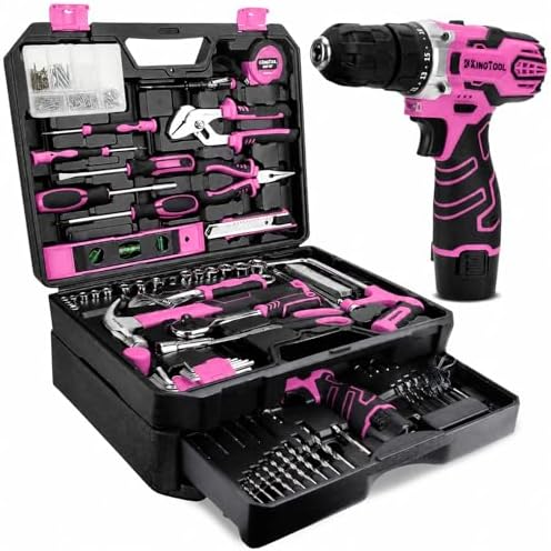 KingTool 276-Piece Tool Set Kit with 12V Cordless Power Drill (Pink)
