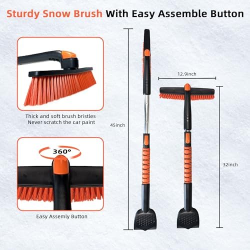 45" Extendable Snow Brush and Ice Scrapers for Car Windshield [360° Rotating Snow Brush Head] Military-Grade Sturdy Ice Scraper for Sedans, SUVs and Trucks Easy Storage Orange