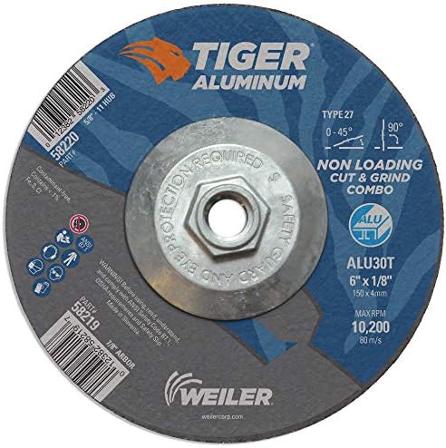 Weiler 58220 6 x 1/8 Tiger Aluminum Type 27 Cut Off/Grind Combo Wheel ALU30T 5/8-11 Nut (Pack of 10)