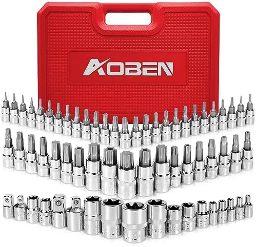 AOBEN 64Pcs Master Torx Bit Socket and External Torx Socket Set, 1/4, 3/8, 1/2-inch(E4-E24, T6-T70,TT6-TT70,TP8-TP60), S2 and Cr-V Steel, Includes Socket Adapters