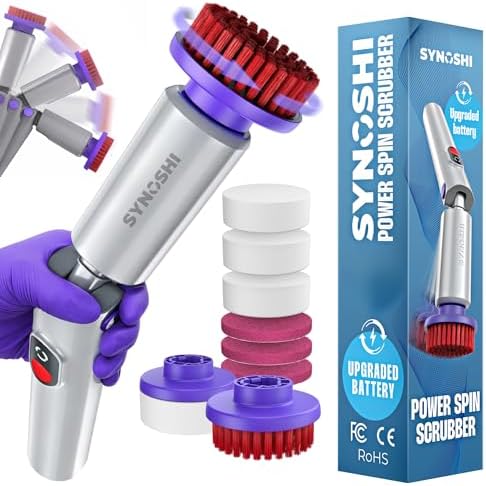 Synoshi PRO Electric Spin Scrubber & Magic Melamine Sponge Heads (3 Units), Bathroom and Shower Scrubber, Kitchen Cleaning, Adjustable Angles, 2 Speed