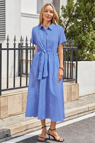Newshows Women's Work Business Casual Outfits Tie Waist Midi Shirt Dress