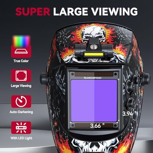 ARCCAPTAIN Auto Darkening Welding Helmet with Light, 3.94"X3.66" Large View
