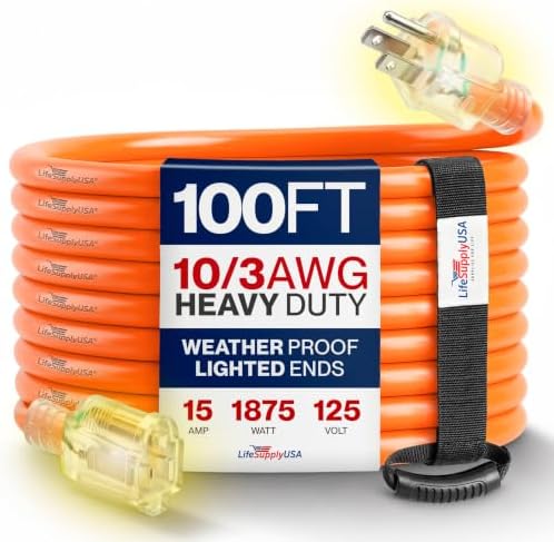 100ft Outdoor/Indoor Extension Cord 10/3 Gauge Ultra Heavy Duty 3 Prong SJTW, Waterproof, Flexible Cold-Resistant Long Power Cord,15A 125V 1875W, Orange by LifeSupplyUSA