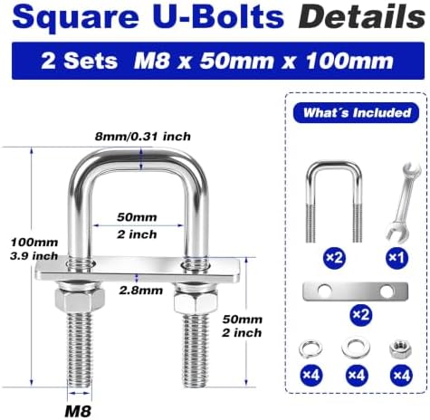2 Pcs Heavy Duty M8 Square U Bolts Kit, 2 Inch Wide 304 Stainless Steel U-Bolt with Frame Plates and Washers, Marine Grade U Bolt M8 x 50mm W x 100mm L Trailer Axle Clamp