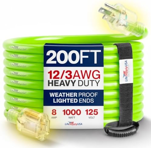 200ft Outdoor/Indoor Extension Cord 12/3 Gauge Extra Heavy Duty 3 Prong SJTW, Waterproof, Flexible Cold-Resistant Long Power Cord, 15A 125V 1875W, Neon Green by LifeSupplyUSA