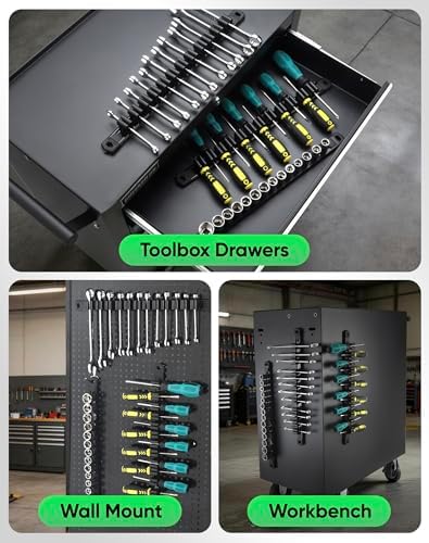 ALOANES 6PC Magnetic Tool Organizer Set - 36 Slot Screwdriver Holder & 42 Clip 3/8" Socket Rail, Heavy Duty Aluminum for Toolbox & Pegboard (Black)