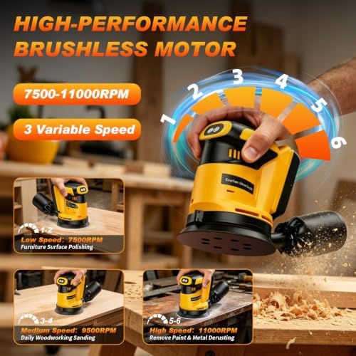 Cordless Orbital Sander for Dewalt 20V Battery(Battery Not Included), Brushless 3 Variable Speeds, 7500 to 11000 RPM, Sandpapers With Dust Collector for Woodworking Sanding, Metal & DIY